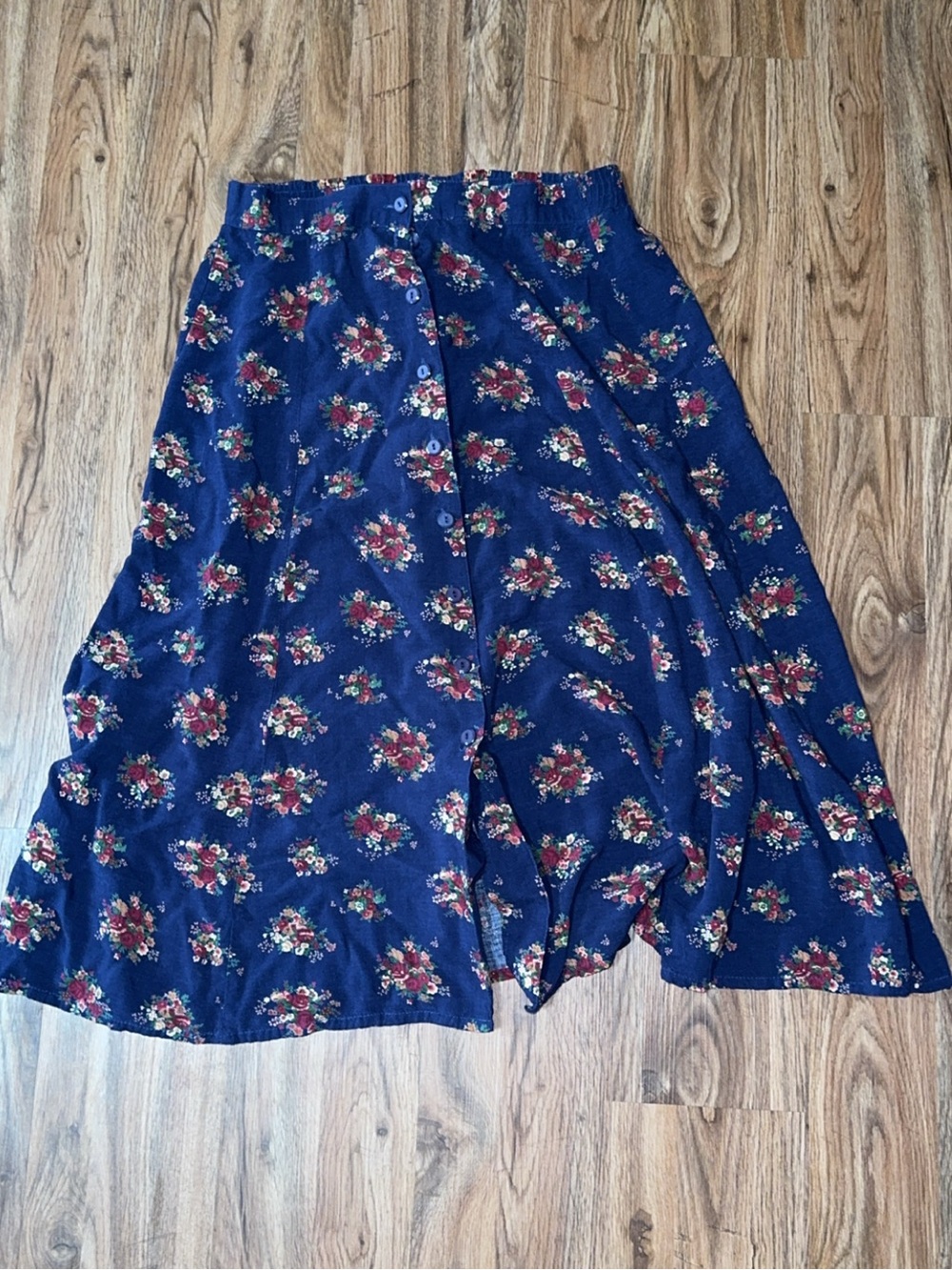 Vintage 90s Sag Harbor Blue Floral Button Front Rayon Midi Skirt M